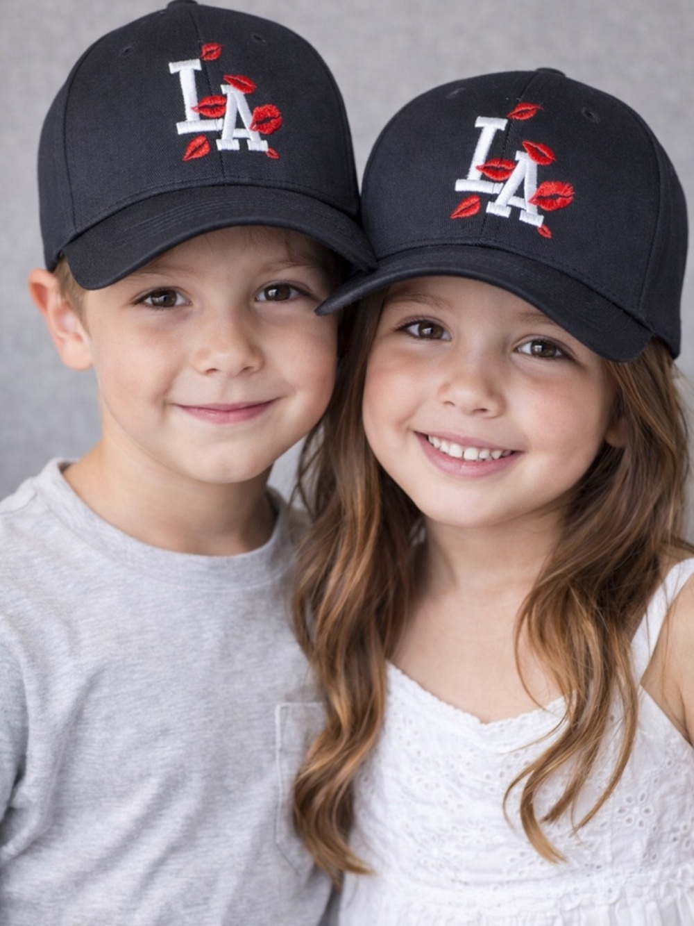 Kids Black LA Embroidered Baseball Cap with Red Lip Accents NIB Unisex